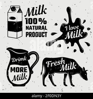 Zitate über Milch einfarbig set mit typografischen Schriftzügen Kuh und Splash auf Textur Hintergrund isoliert Vektor-Illustration Stock Vektor