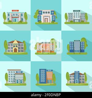 Quadratische Stadtgebäude Symbol mit Schatten isoliert und flach gesetzt Verschiedene Arten von Gebäuden Vektor-Illustration Stock Vektor