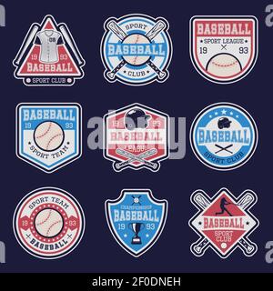 Baseball farbige Embleme von Vereinen und Wettbewerben mit Sportgeräten Auf dunkelblauem Hintergrund isolierte Vektordarstellung Stock Vektor