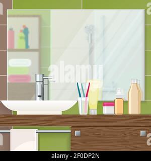 Badezimmer innen Nahaufnahme mit Spiegel an gefliesten Wandwaschbecken und Kosmetik auf texturellen braunen Regal Vektor-Illustration Stock Vektor