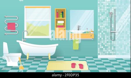 Moderne Badezimmer-Innenausstattung mit Sanitärausstattung gelb Möbel Fenster blau Vektorgrafik Wände und Fliesenboden Stock Vektor