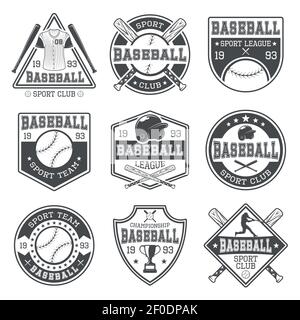 Baseball schwarz weiß Embleme von Clubs und Turnieren mit Teig Sport-Outfit und Trophäe isoliert Vektor Illustration Stock Vektor
