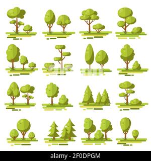 Wald flache Elemente mit Nadelbäumen und Laubbäumen und gesetzt Buchsen verschiedener Form isoliert Vektor-Illustration Stock Vektor