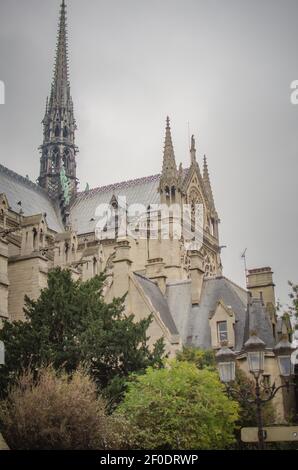 Details der Kathedrale Notre Dame de Paris. Paris. Frankreich. Ein sagenumwobenes Wesen auf dem Dach der Kathedrale Notre Dame de Paris. Blick auf den Turm. Stockfoto