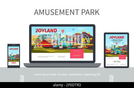 Flat Freizeitpark adaptives Design-Konzept mit verschiedenen Attraktionen und Karussells auf Laptop mobile Tablet-Bildschirme isoliert Vektor-Illustration Stock Vektor