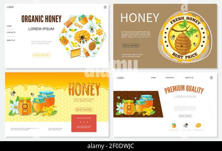 Cartoon Honig Websites mit Bienenstöcken Bienenwabe Bienen Blumen Töpfe gesetzt Und Gläser von organischen süßen Produkt Vektor-Illustration Stock Vektor