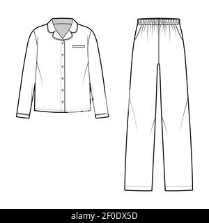 Set von Sleepwear Pyjamas Hemd, Hose technische Mode Illustration mit voller Länge, niedrige Taille, übergroß, Taschen, Knopfverschluss, Lange Ärmel. Flatfront, in weißer Farbgebung. Frauen, Männer CAD-Modell Stock Vektor