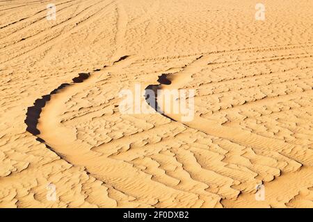 Oman Wüste Spur von einigen Autos im Sand und Richtungsstruktur Stockfoto