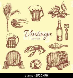 Bier vintage monochrome Set mit Hopfengerste Flasche und Fässern Meeresfrüchte auf beigem Hintergrund isoliert Vektor-Illustration Stock Vektor