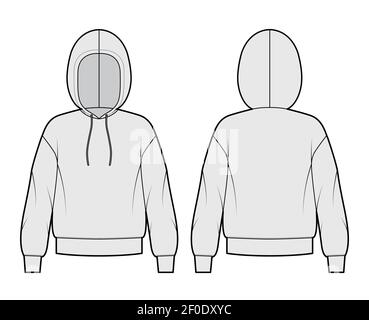 Hoody Sweatshirt technische Mode-Illustration mit langen Ärmeln, übergroßen Körper, Bund Saum, Tunnelzug. Flach Medium Bekleidungsvorlage vorne, hinten, grau Farbe Stil. Frauen, Männer, Unisex CAD Mockup Stock Vektor