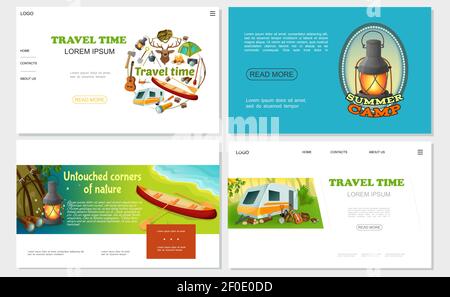 Cartoon Camping Websites mit Laterne Kanu Wohnmobil Anhänger Fernglas gesetzt Gitarre Zelt Rucksack Axt Schaufel Hirsch Kopf Lagerfeuer Vektor Illustration Stock Vektor