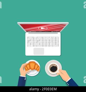 Mann mit einer Tasse Kaffee und einem Croissant Stock Vektor