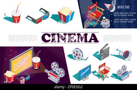 Isometrisches Kino Elements Konzept mit Kamera 3D Gläser Popcorn Soda Film Reel Regisseur Stuhl Megaphon Klappbrett Bildschirm Vektor Illustration Stock Vektor