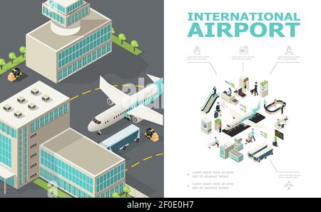 Isometrisches internationales Flughafengebäude mit Check-in-Schalter für Flugzeugbusse Zoll- und Passkontrollen für Passagiere, die an Bord des Gepäcks abreisen Stock Vektor