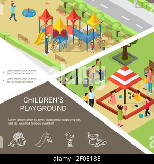 Isometrische Kinder Spielplatz Poster mit Kindern spielen in Sandbox und Auf Rutschen Eltern Tennisschläger Frühling Spielzeug Eimer Rechen Symbole vektorgrafik Stock Vektor