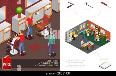 Isometrisches trendy Barbier-Shop-Konzept mit Friseuren Kunden Salon Interieur Elemente Empfang Schere Kamm Rasiermesser Handtücher Vektor-Illustration Stock Vektor
