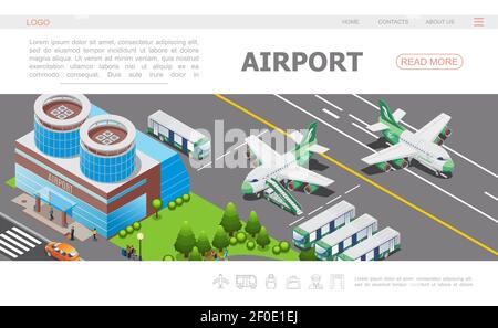 Isometrische Flughafen Landing Page Vorlage mit Gebäude Flugzeug auf Start- und Landebahn Busse Passagiere Vektorgrafik Stock Vektor