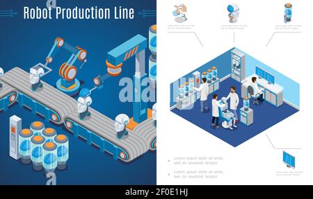 Künstliche Intelligenz Erfindung Zusammensetzung mit Robotern Produktionslinie und Wissenschaftler Erstellen Sie Cyborgs im Labor in isometrischem Stil Vektorillust Stock Vektor