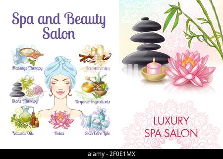 Cartoon Spa Salon buntes Konzept mit Frau Steine natürlich und Massage Öle Lotus Blume Cremes Aroma Kerzen Handtücher Vektor Illustration Stock Vektor