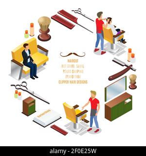 Isometrische Friseur Shop rund Konzept mit Friseuren Kunden Interieur Elemente Kämme Rasierpinsel Schere Handtücher Vektor Illustration Stock Vektor