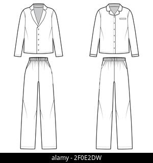 Set von Sleepwear Pyjamas Hemd, Hose technische Mode Illustration mit voller Länge, übergroß, Taschen, Knopfverschluss, lange Ärmel. Flatfront, in weißer Farbgebung. Frauen, Männer Unisex CAD mockup Stock Vektor