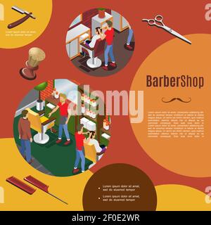 Isometrische Friseur Shop bunte Vorlage mit Friseuren und Kunden Interieur Objekte Rasiermesser Schere Kämme Pinsel Vektor Illustration Stock Vektor