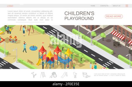 Isometrische Kinder Spielplatz Web-Seite Vorlage mit Kindern und Eltern Im Erholungspark Rutschen Bänke Schaukeln Sandkasten Bäume Gebäude Vektor illust Stock Vektor