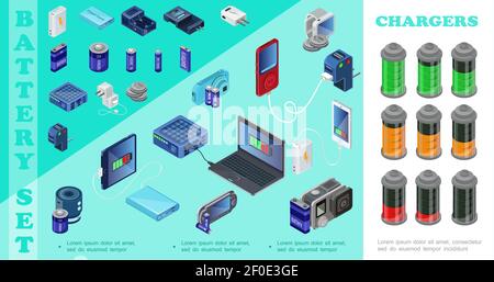 Isometrische Ladegeräte für moderne Geräte Set mit Power Bank Steckern Laptop Audio-Player mobile Kamera tragbare Ladegeräte Batterien mit verschiedenen Laden Sie ein Stock Vektor