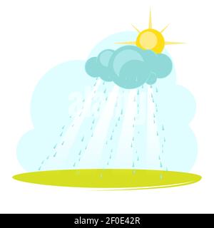 Fantasy-Landschaft mit Wolken und Regen. Sommertag auf dem Land. Regnerischer Tag. Niedlicher Cartoon-Stil. Vektor-Illustration für schönes Design. Stock Vektor