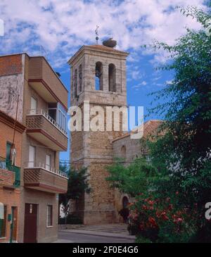 TORRE CAMPANARIO CON NIDO DE CIGÜEÑAS -. Lage: ST. PETER'S KIRCHE. CAMARMA DE ESTERUELAS. MADRID. SPANIEN. Stockfoto