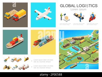 Isometrische globale Logistik Infografik Konzept mit LKW Flugzeug Schiff Zug Hubschrauber Roller Autos Gabelstapler Verpackung Förderband Kurier Welt Stock Vektor