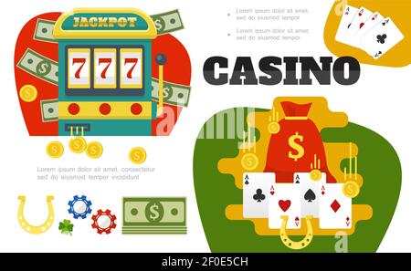 Flat Casino bunte Zusammensetzung mit Spielautomaten Tasche von Geld Karte passt Goldmünzen Hufeisen Poker Chips Blatt Klee Vektor Abbildung Stock Vektor