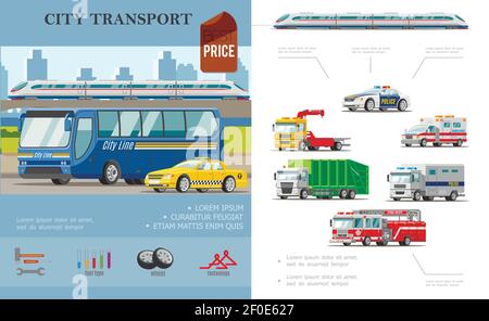 Flat City Transport Infografik Konzept mit Bus Taxi Krankenwagen Schleppfeuer und Müllwagen Vektor-Illustration Stock Vektor