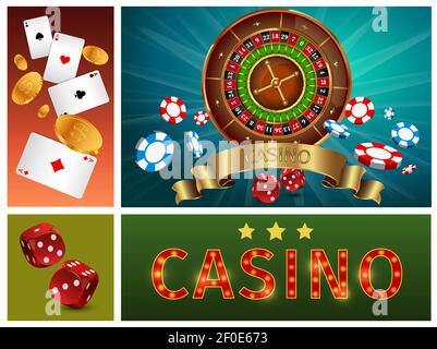 Realistische Casino helle Komposition mit Glücksspiel Roulette Poker Chips Karten Goldmünzen und Würfel Vektor-Illustration Stock Vektor