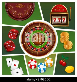 Realistische Casino-Elemente Zusammensetzung mit Roulette-slot-Maschine Goldmünzen Poker Chips spielen Karten Würfel isoliert Vektor-Illustration Stock Vektor