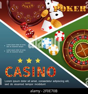 Realistisches Casino buntes Konzept mit Pokertisch Roulette Chips Würfel Spielkarten Gold Münzen Vektor Illustration Stock Vektor