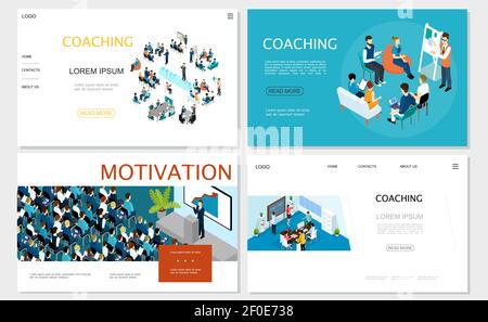 Isometrische Business Coaching Websites mit Personal Training Seminar Brainstorming gesetzt Konferenz Geschäftsmann sprechen zu Auditorium von tribune Vektor i Stock Vektor