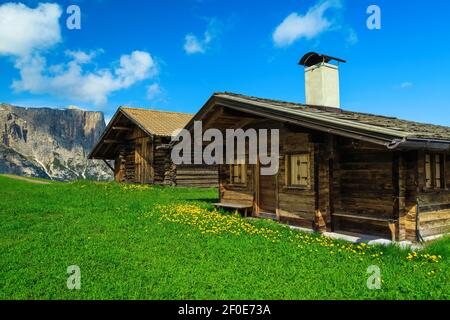 Bewundernswerte Holzchalets auf den alpinen grünen Feldern und hohen Bergen im Hintergrund, Seiser Alm, Dolomiten, Italien, Europa Stockfoto