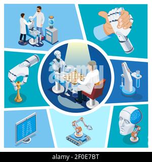Isometrische künstliche Intelligenz Komposition mit Roboter spielen Schach gegen Wissenschaftler cyborg Kopf Monitor Arm Wrestling mit Roboter Hand Vektor ill Stock Vektor