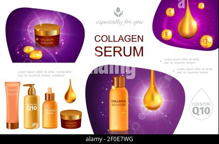 Realistische kosmetische Infografik Vorlage mit Kollagen Serum Tropfen Pakete Moisturizer Hautpflege Creme Körperlotion Spray Dusche Gel Vektor illustrat Stock Vektor