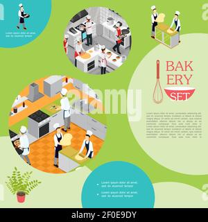 Isometrische professionelle Küche in Bäckerei Konzept mit Kellnerköchen und Assistenten zur Vorbereitung verschiedener Gerichte Vektordarstellung Stock Vektor