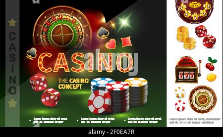 Realistisches Casino-Konzept mit Poker-Chips dices Spielkarten passt Roulette Goldmünzen Slot Maschine Kirsche Zitrone Vektor Illustration Stock Vektor