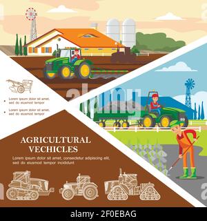 Flat Farming bunte Vorlage mit Landwirten Ernte und Transport Boden mit landwirtschaftlichen Fahrzeugen Vektor-Illustration Stock Vektor