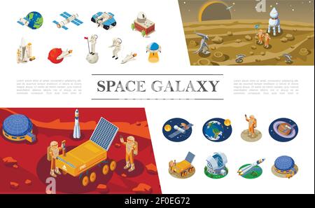 Isometrische Raumelemente Zusammensetzung mit Raketen Raumschiffe Shuttles Astronauten treffen Mit Aliens ufo Raumkolonie Mondrover verschiedenen Planeten ve Stock Vektor