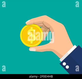 Gold Münze in der Hand. Stock Vektor