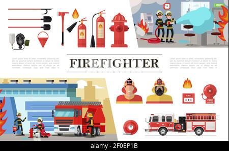 Flache Feuerwehrelemente Zusammensetzung mit Rettungsbrigaden Schaufeln Gasmaske Löschschlauch Hydrantenlöscher Schaufelfeuerwagen Alarm Glocke Vektor il Stock Vektor