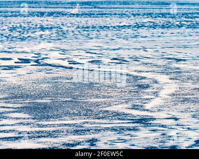 Blasen und Stücke von klarem Natureis auf gefrorenem See in der Abendsonne. Das Schmelzen changet die flache Oberfläche des Eises mit Scherben pfützen Stockfoto