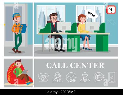 Call Center bunte Zusammensetzung mit Helpline-Services unterstützen Mitarbeiter und Telefonbetreiber Uhr Globus Telefon lineare Symbole Vektor Illustration Stock Vektor