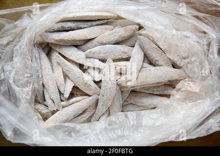 Whitebait Spratten, Sprattus Sprattus, die in einer Plastiktüte mit Mehl, Senfpulver, Paprika und Chilipulver gelegt wurden, um deviled Whi zu machen Stockfoto