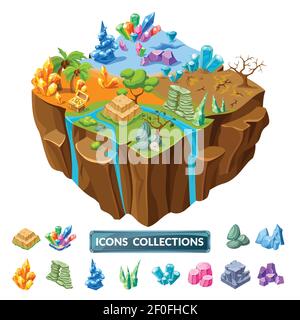 Isometrische Gaming-Insel mit vier Landschaften und Satz von Symbole mit dekorativen Steinen isoliert Vektor-Illustration Stock Vektor